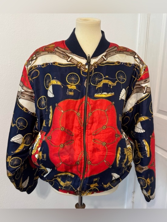 Angela tong Jackets & Blazers - Vintage Angela Tong Bomber Jacket Equestrian Scarf Print Red Navy Retro M *READ*